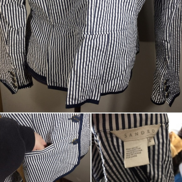 Sandro Navy & white striped pleated hip blazer - Picture 4 of 4